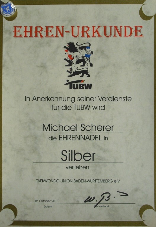 Urkunde - Ehrennadel silber der TUBW